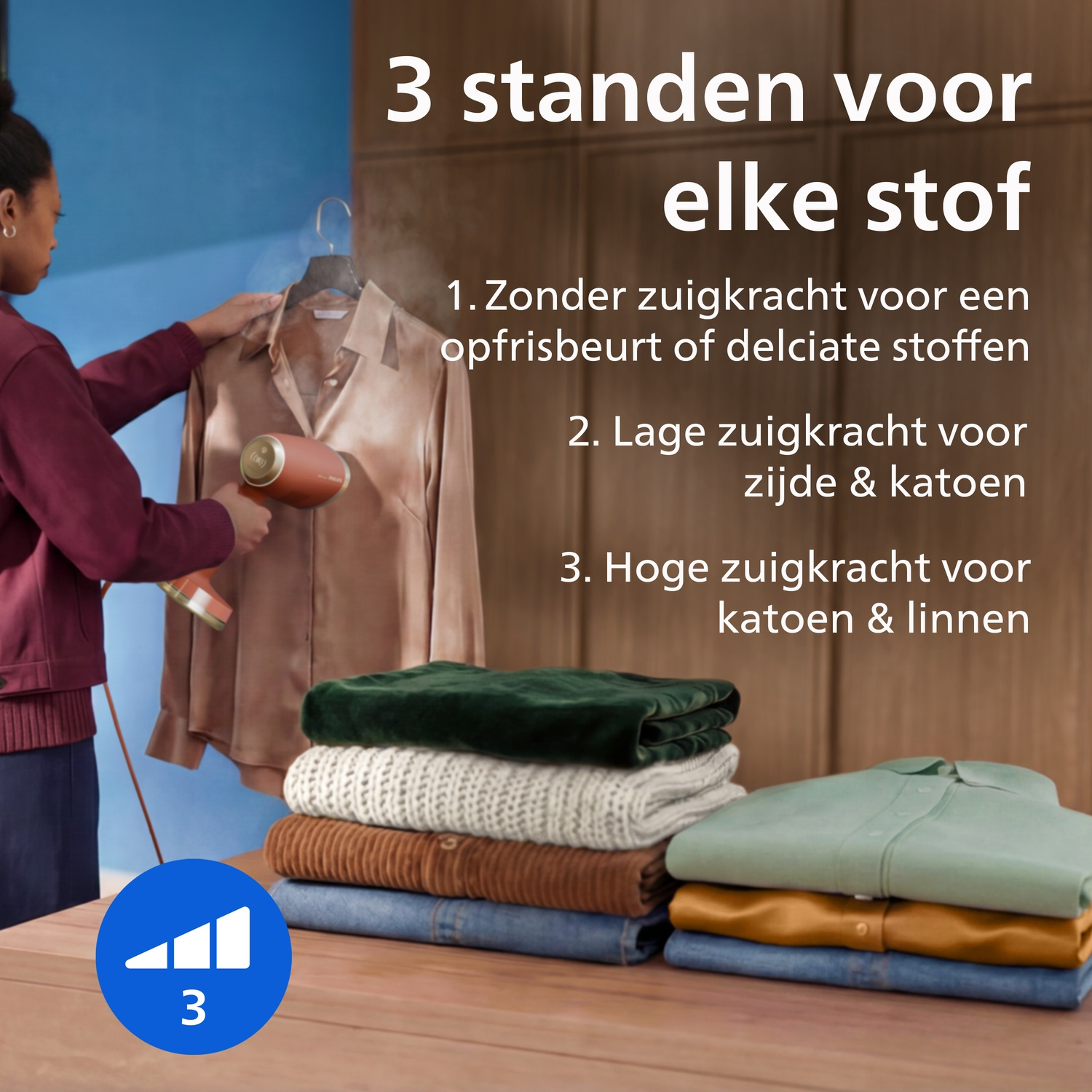 A woman uses a garment steamer on a shirt, with folded clothes and Dutch text overlaid.