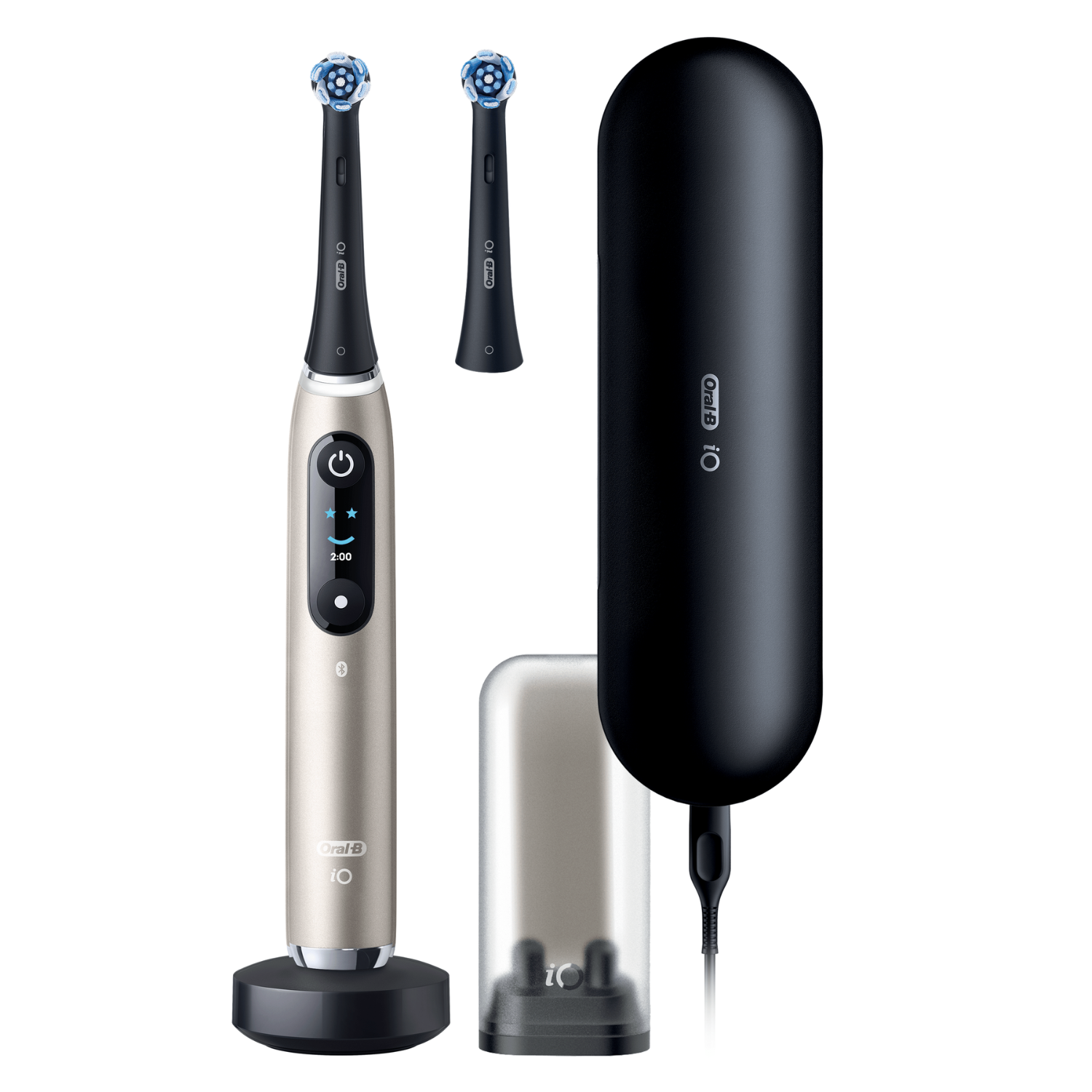 Cepillo de dientes eléctrico Oral-B dorado con estuche de carga y accesorios.