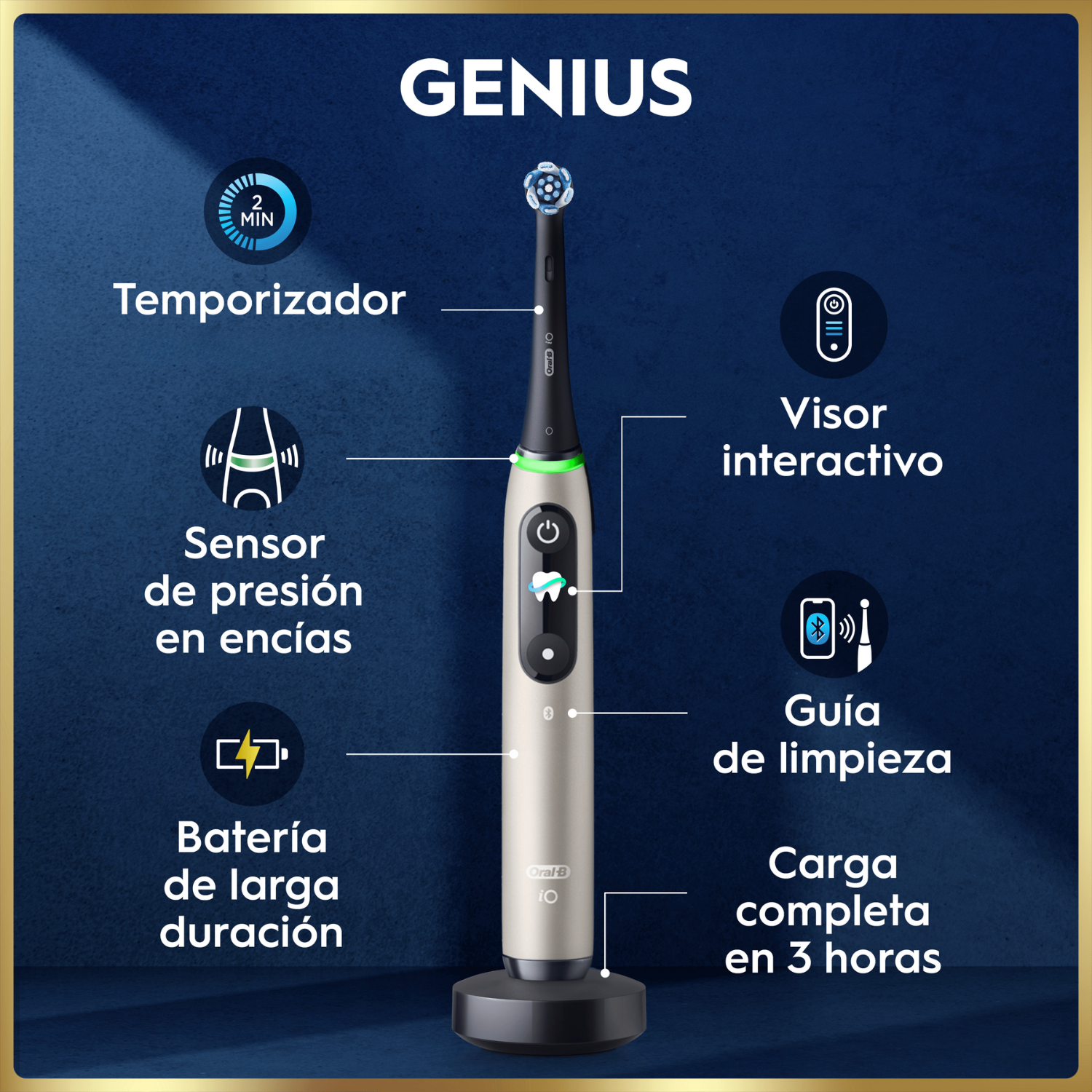 Genius. Temporizador. Sensor de presión en encías. Batería de larga duración. Visor interactivo. Guía de limpieza. Carga completa en 3 horas. 
