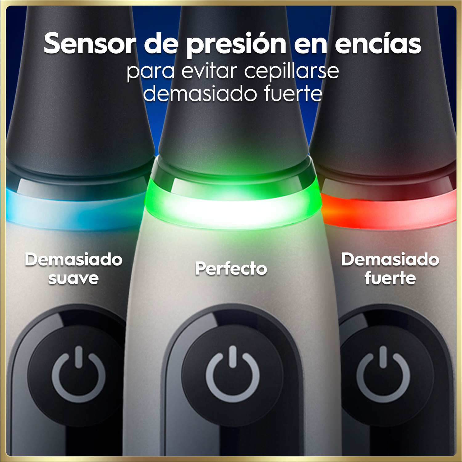 Sensor de presión de encías para evitar cepillarse demasiado fuerte. Demasiado suave. Perfecto. Demasiado fuerte