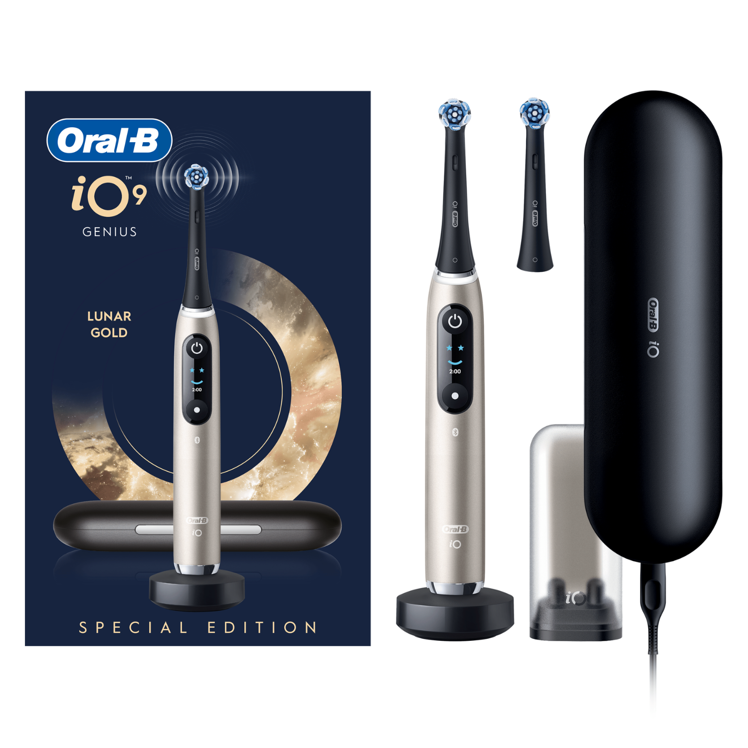 Cepillo eléctrico Oral-B iO9 Lunar Gold con estuche, cargador y caja.