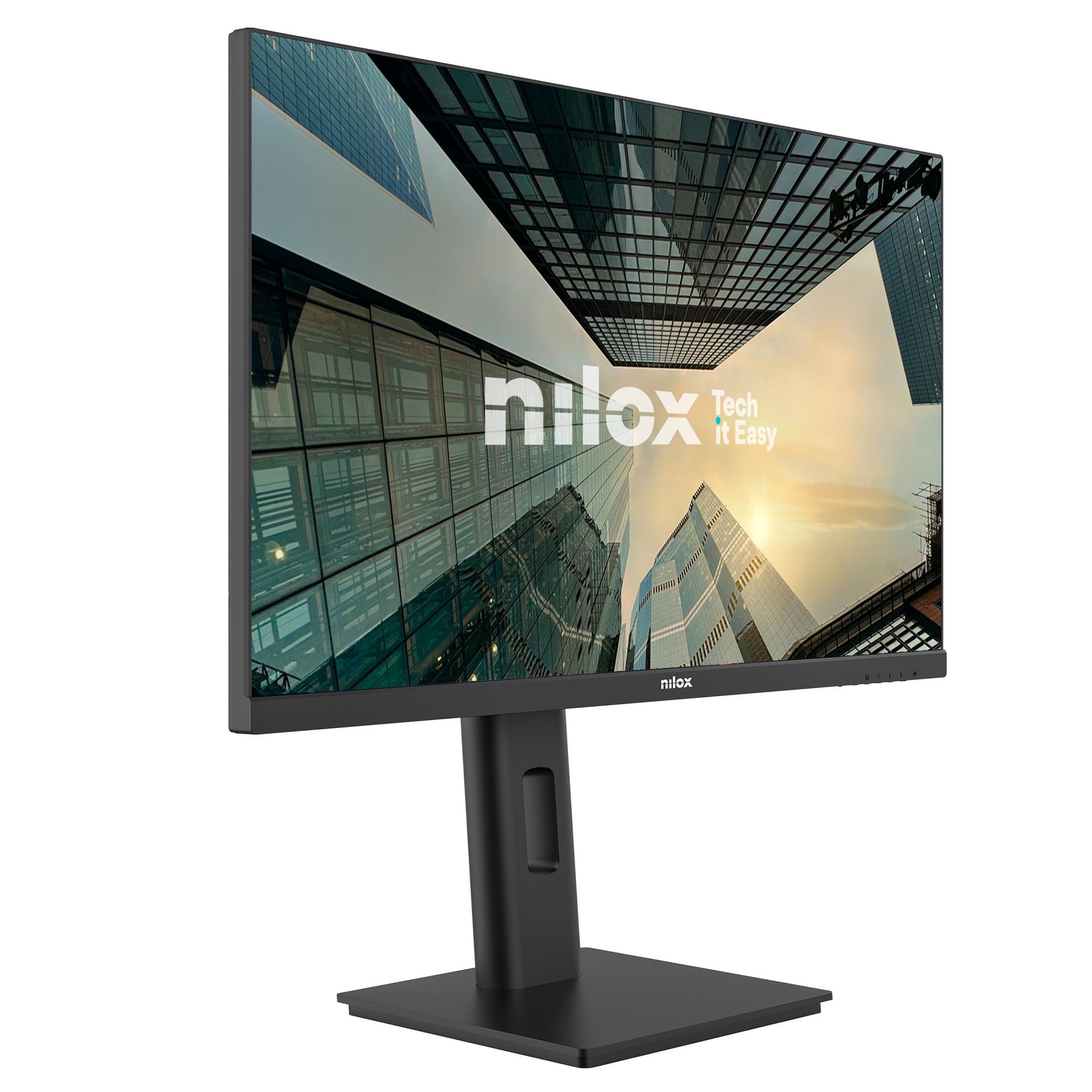 Monitor negro Nilox con soporte elegante muestra una imagen de rascacielos y la marca.