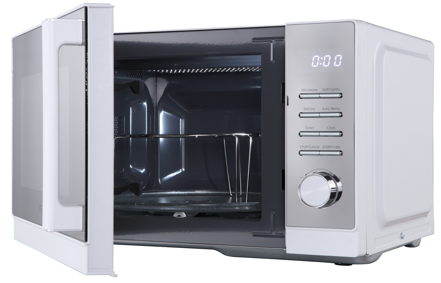 Microondas blanco con puerta abierta, pantalla digital y mando giratorio en el panel plateado.