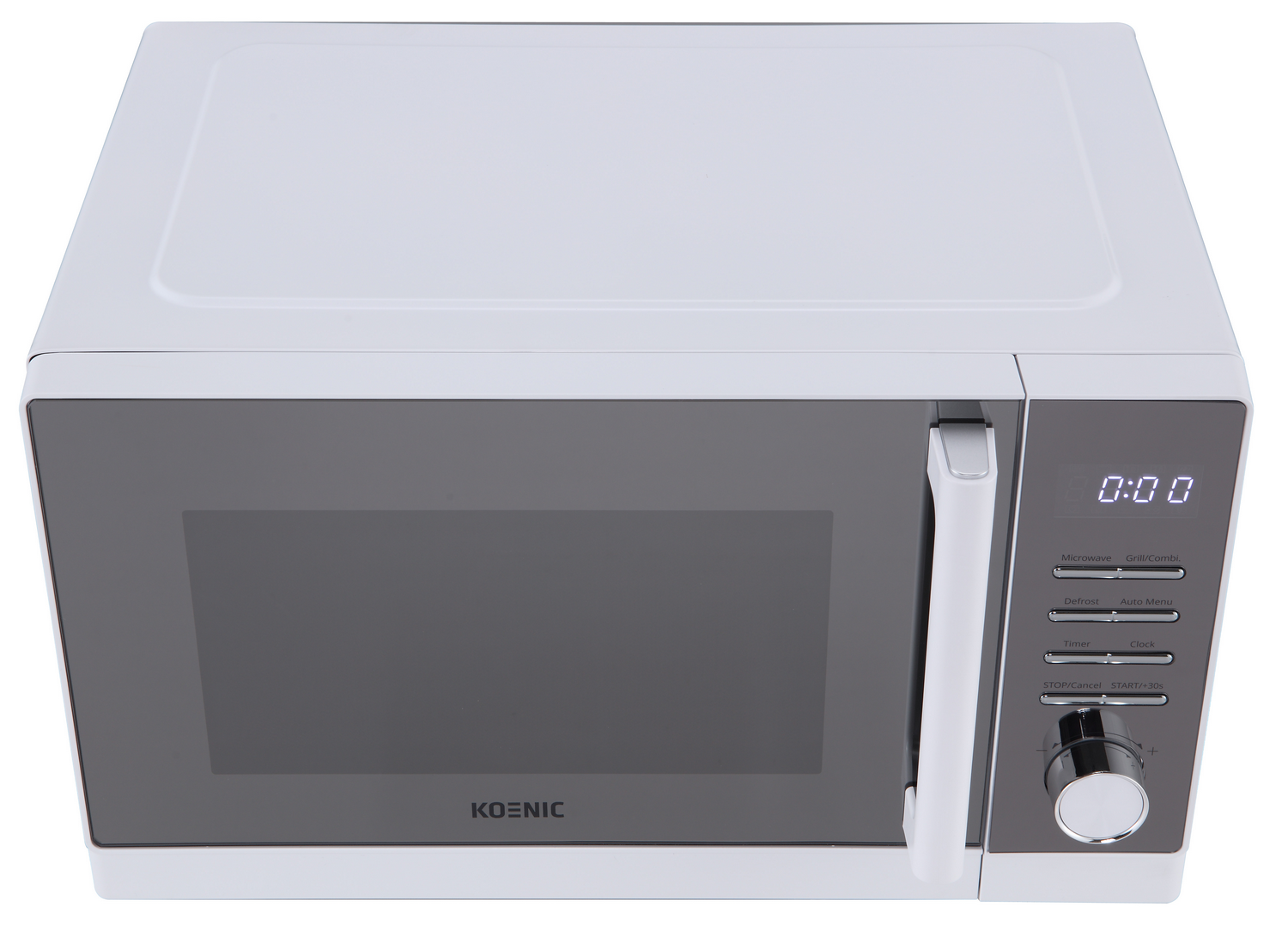 Un microondas blanco Koenic con pantalla digital y panel de control a la derecha, aislado sobre fondo blanco.