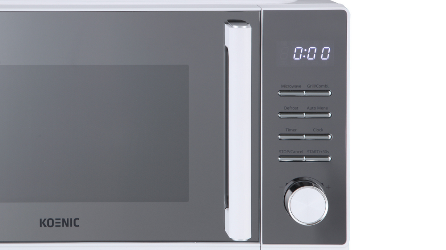 Primer plano de un horno microondas Koenic gris con tirador blanco y pantalla digital.