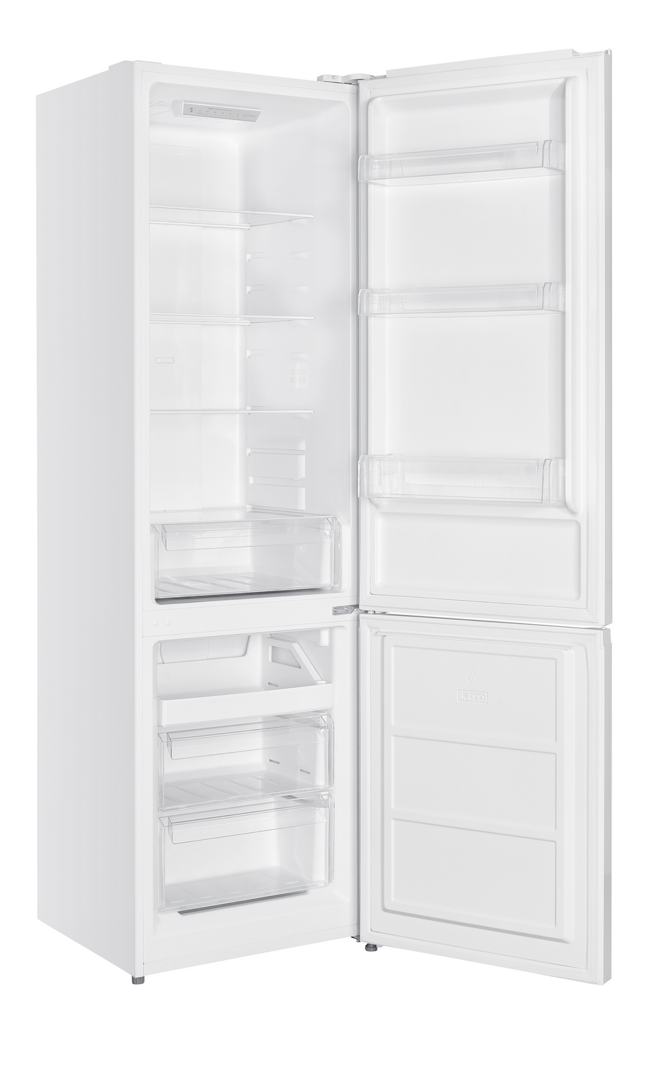 Un refrigerador-congelador blanco abierto con estantes y cajones vacíos sobre fondo blanco.