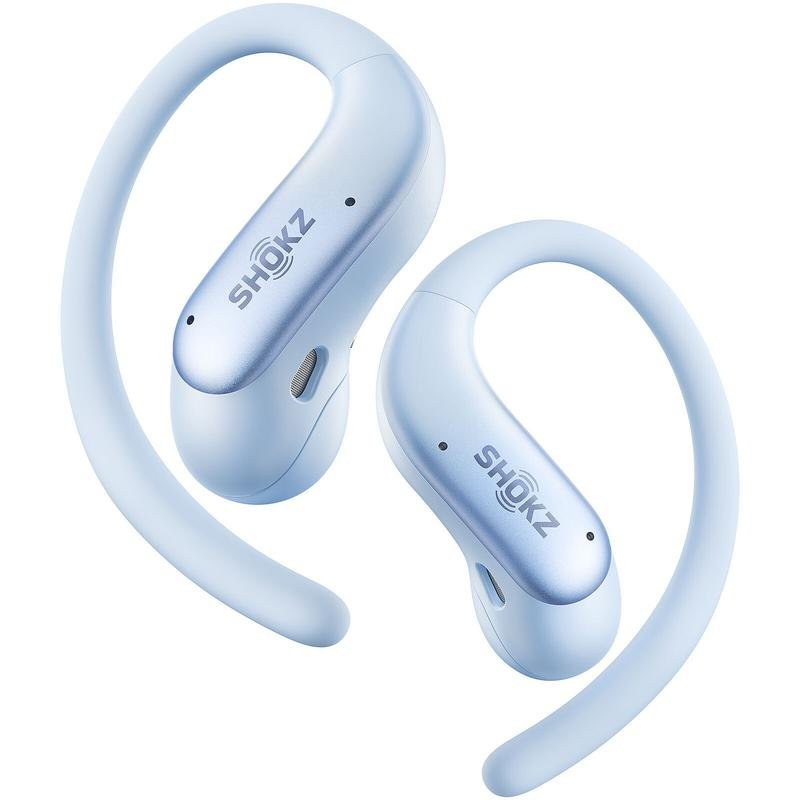 Auriculares abiertos Shokz azul claro con ganchos para las orejas sobre fondo blanco.