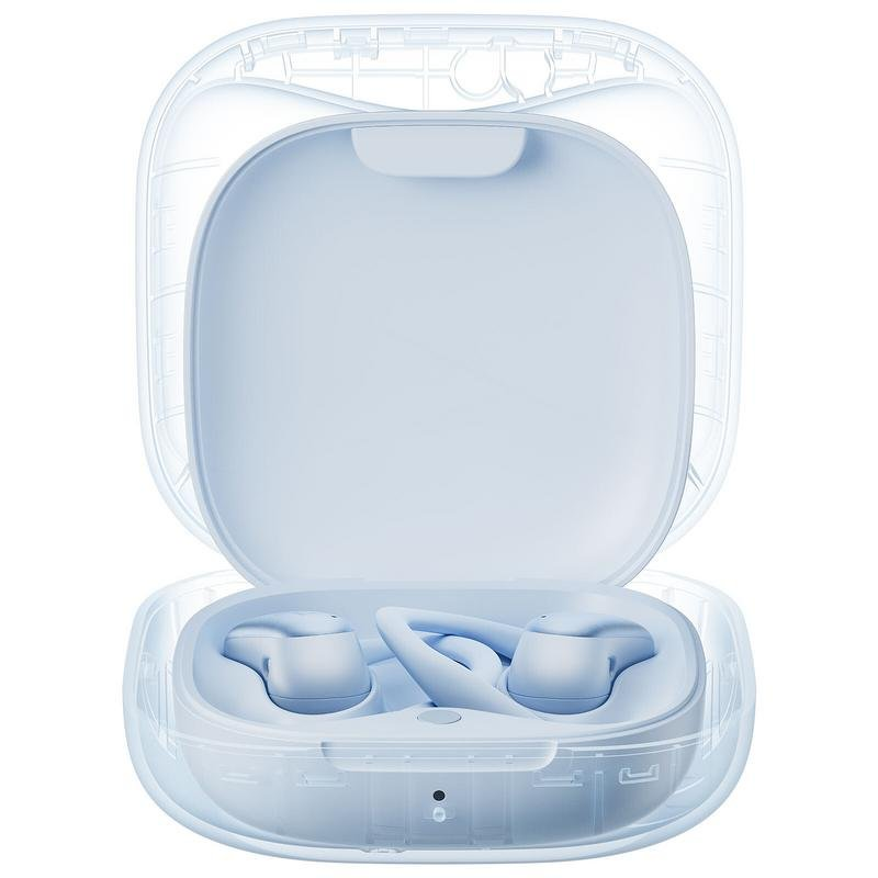 Un estuche de carga azul claro abierto con auriculares inalámbricos dentro.