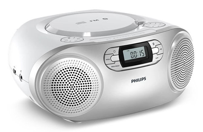 Un boombox de radio CD portátil Philips plateado y blanco con altavoces duales, pantalla digital y botones de control.