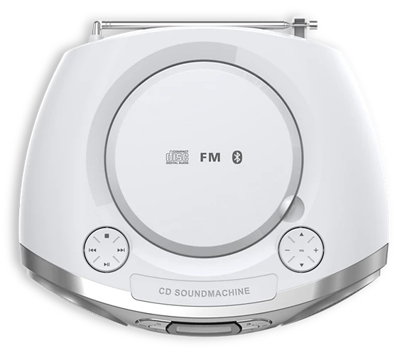 Un reproductor de CD blanco con radio FM y Bluetooth, con botones de control y un detalle plateado.