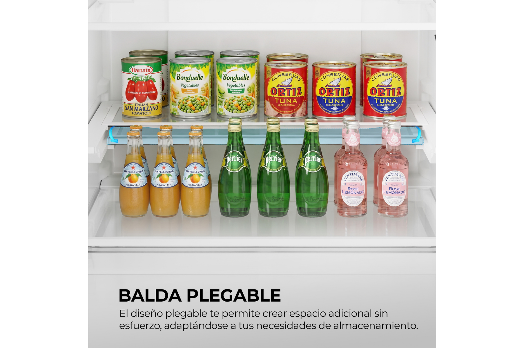Estante de refrigerador con latas arriba y botellas abajo.