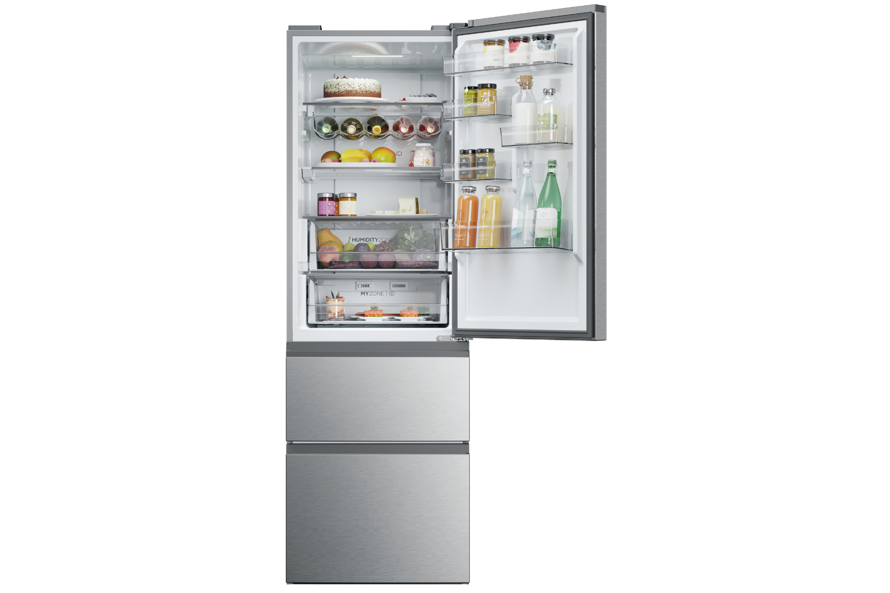 Un refrigerador plateado abierto lleno de comida, frutas, botellas y frascos en estantes.