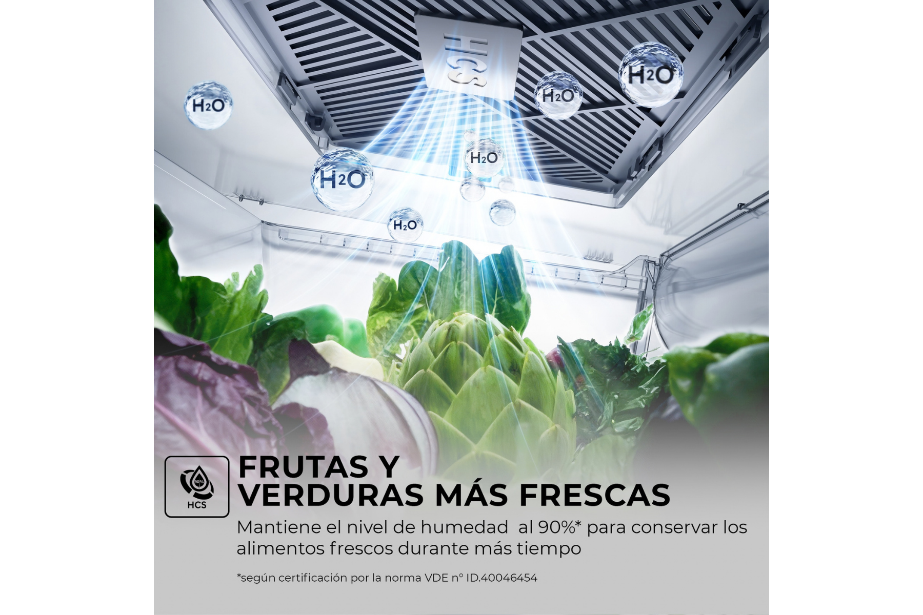 Verduras en el frigorífico con moléculas de agua H2O y control de humedad para mayor frescura.