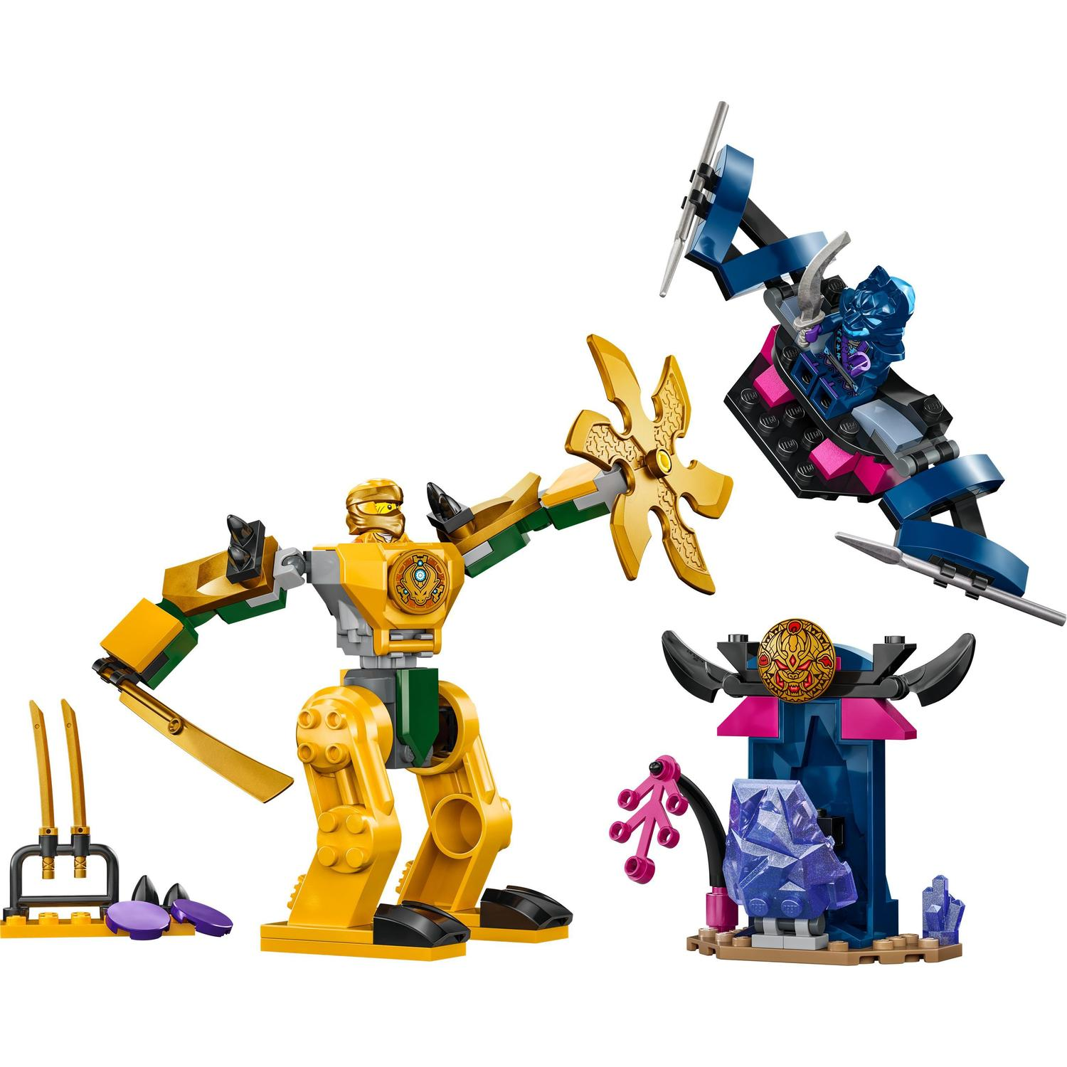Set de Lego Ninjago con robot dorado, figura azul en planeador y santuario sobre fondo blanco.