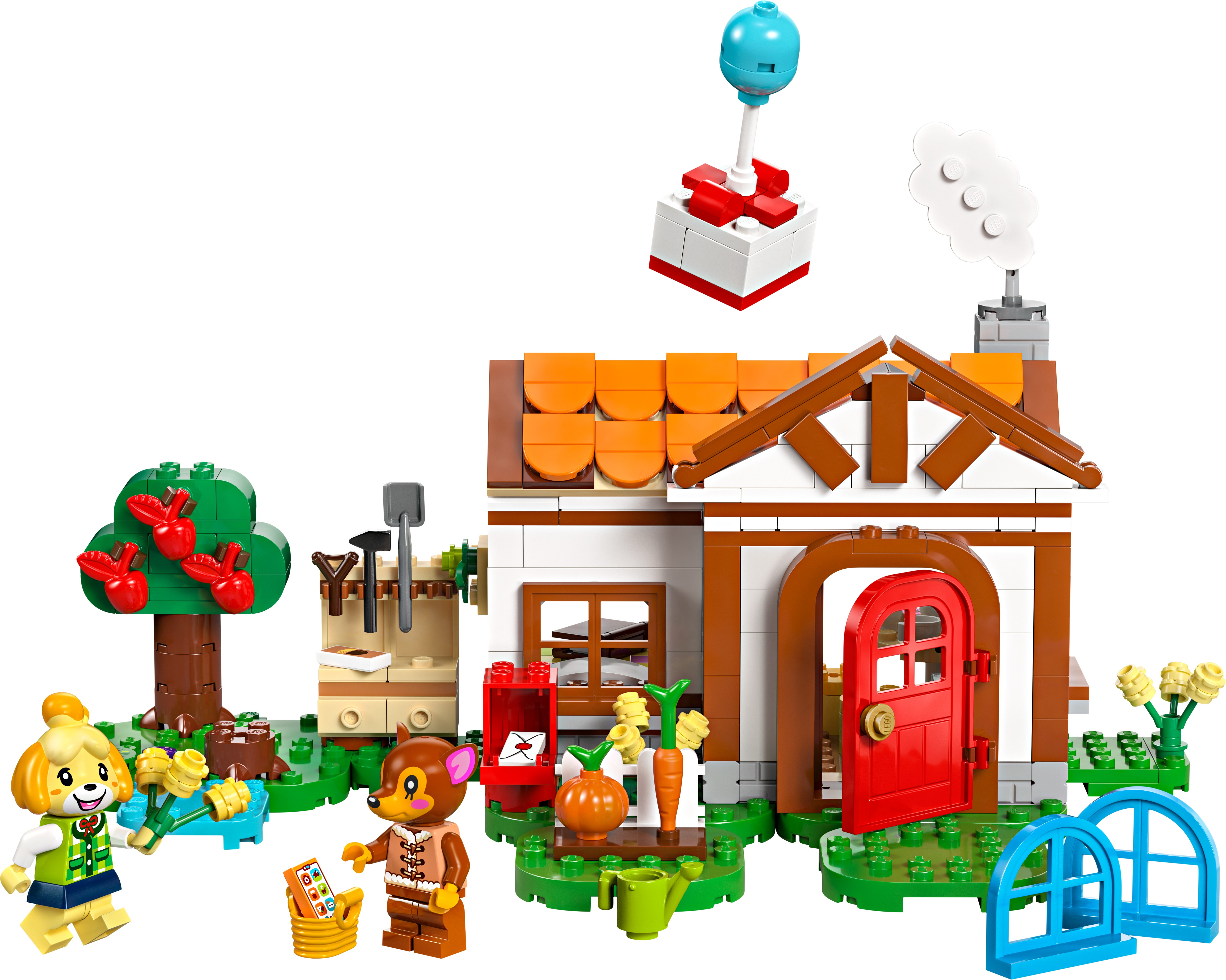 Set de Lego Animal Crossing con casa, minifiguras, manzano y globo de regalo.