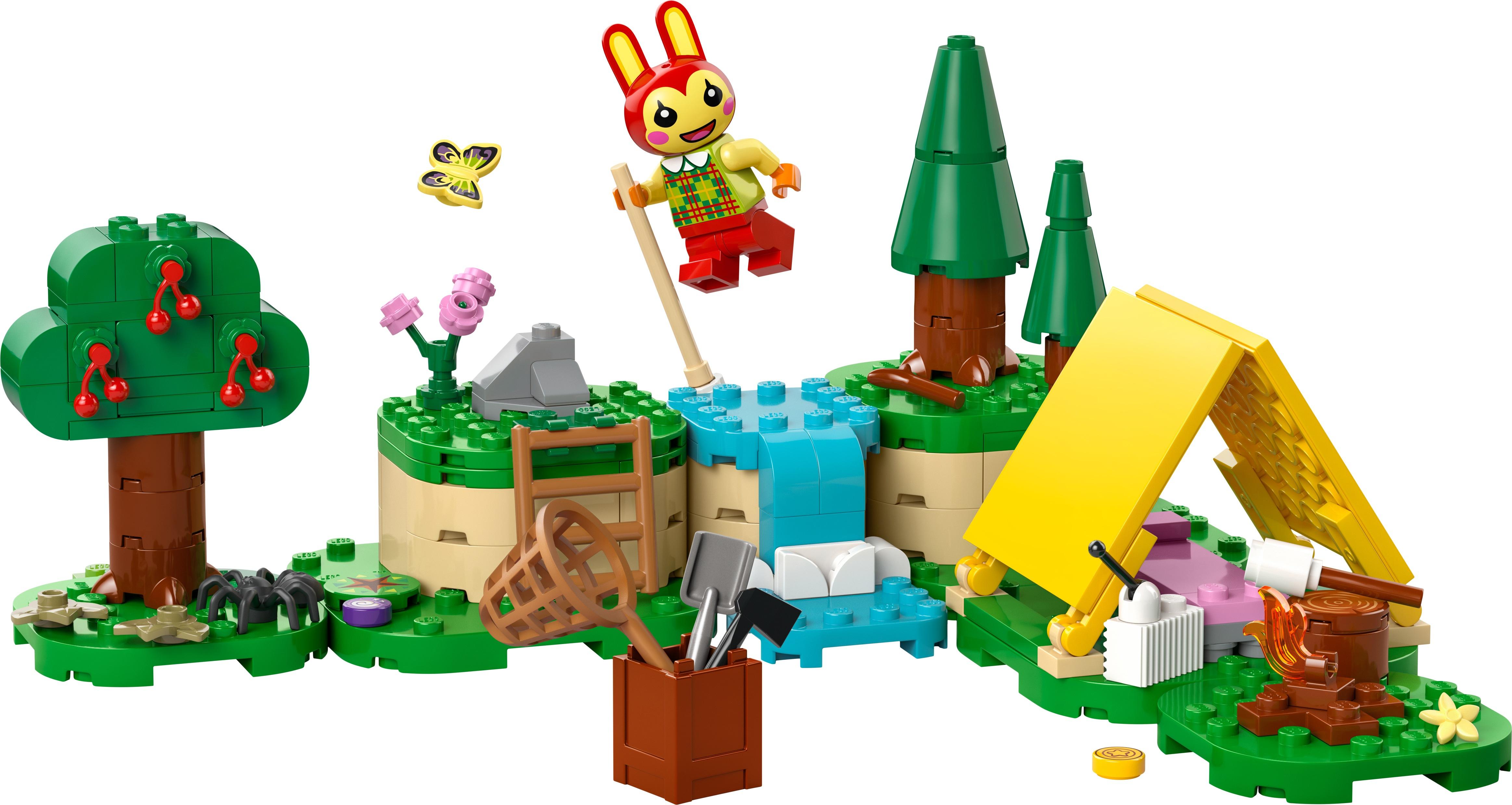 Set de Lego con un conejo saltando sobre una cascada cerca de una tienda amarilla.