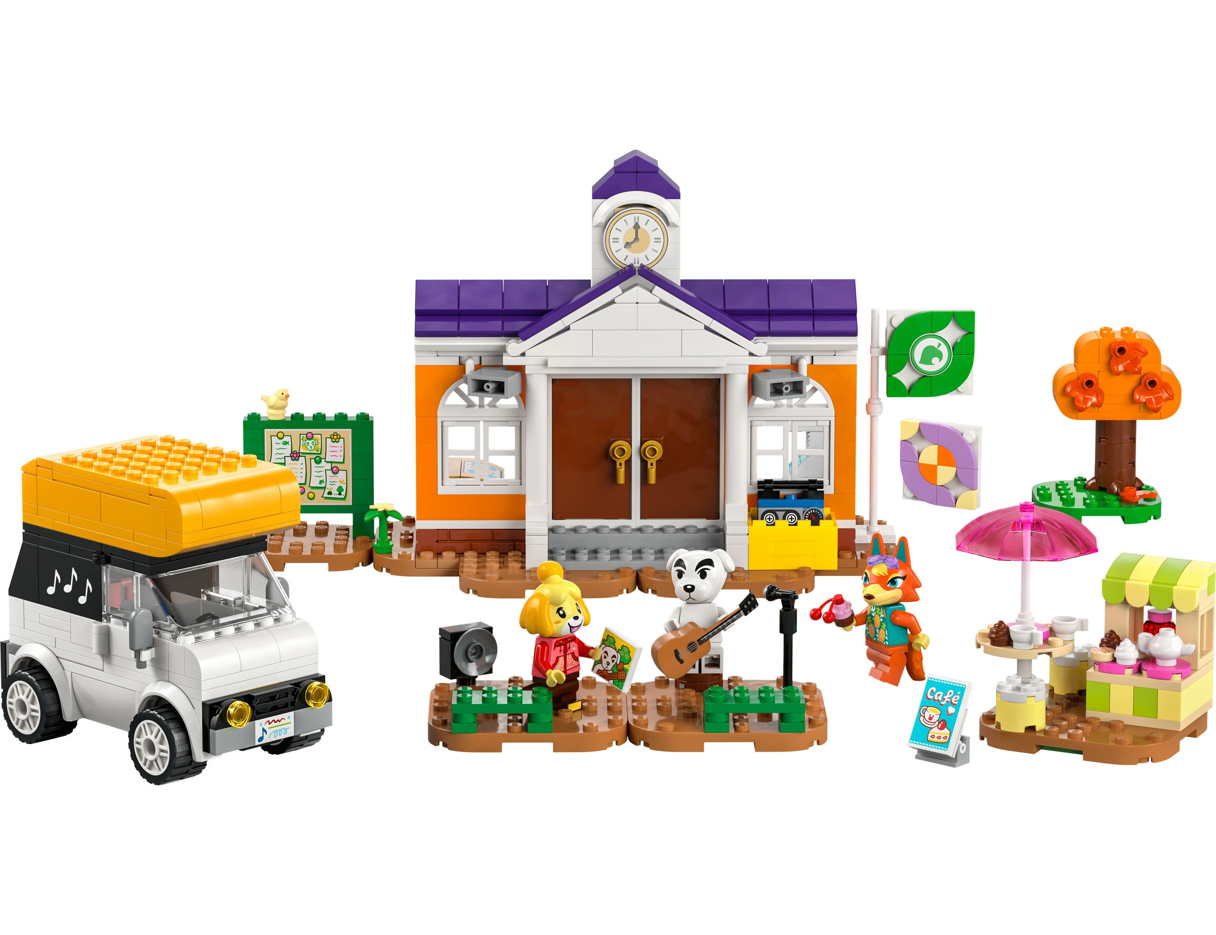 Set de Lego Animal Crossing con ayuntamiento, autocaravana, personajes, árbol y café.