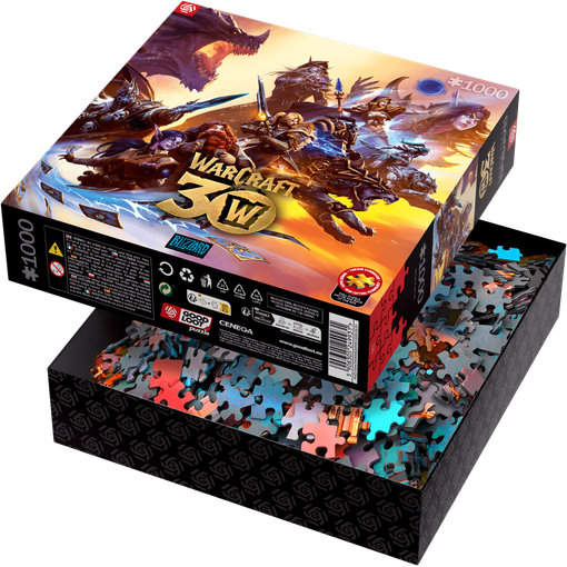 Rompecabezas Warcraft III de 1000 piezas en caja abierta con portada colorida y piezas.