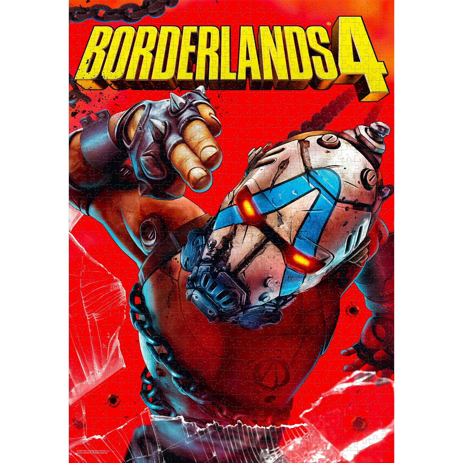 Rompecabezas de Borderlands 4 con un personaje enmascarado sobre fondo rojo.