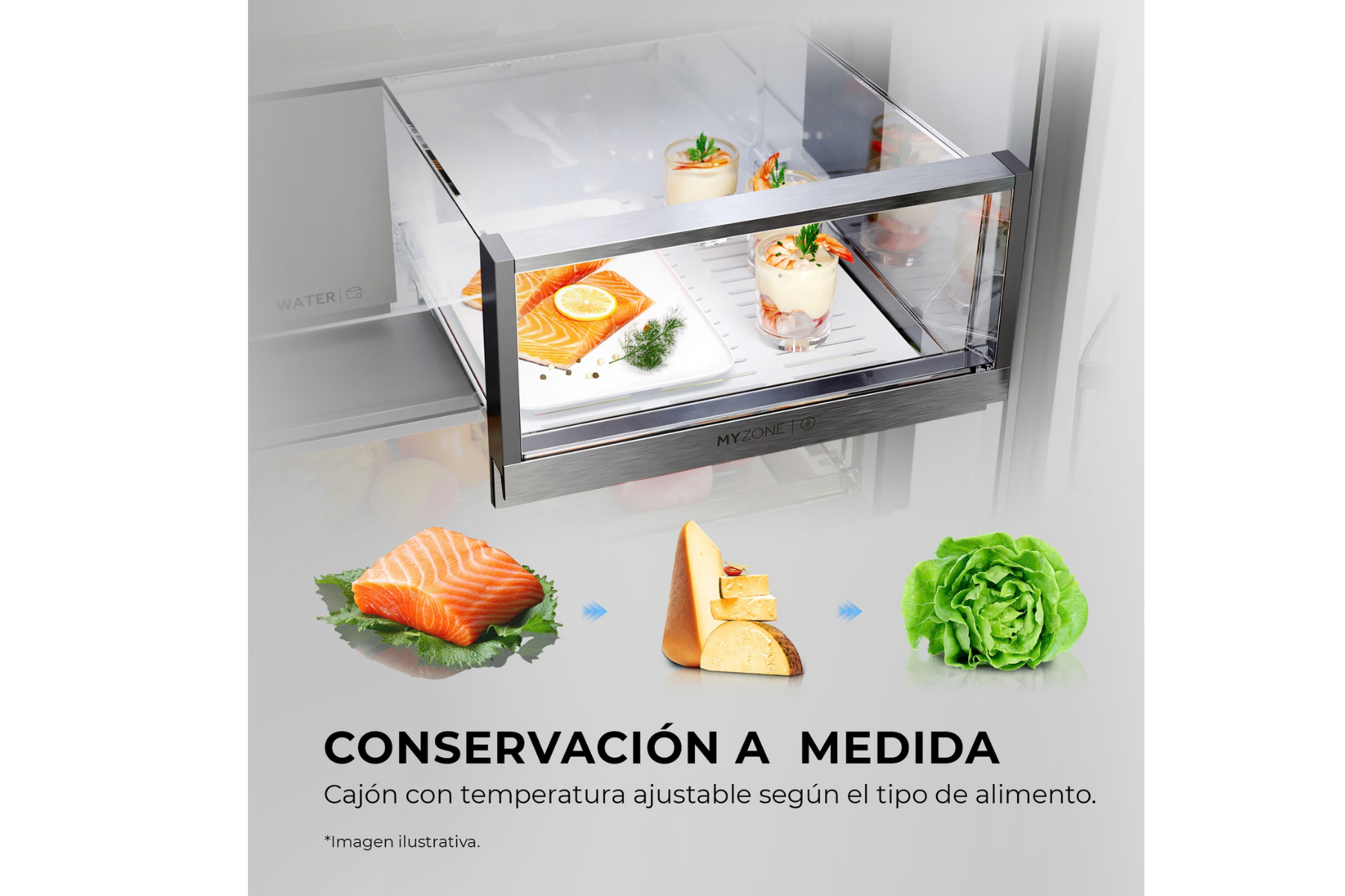Cajón de refrigerador abierto con trozos de salmón, vasos con camarones y alimentos.