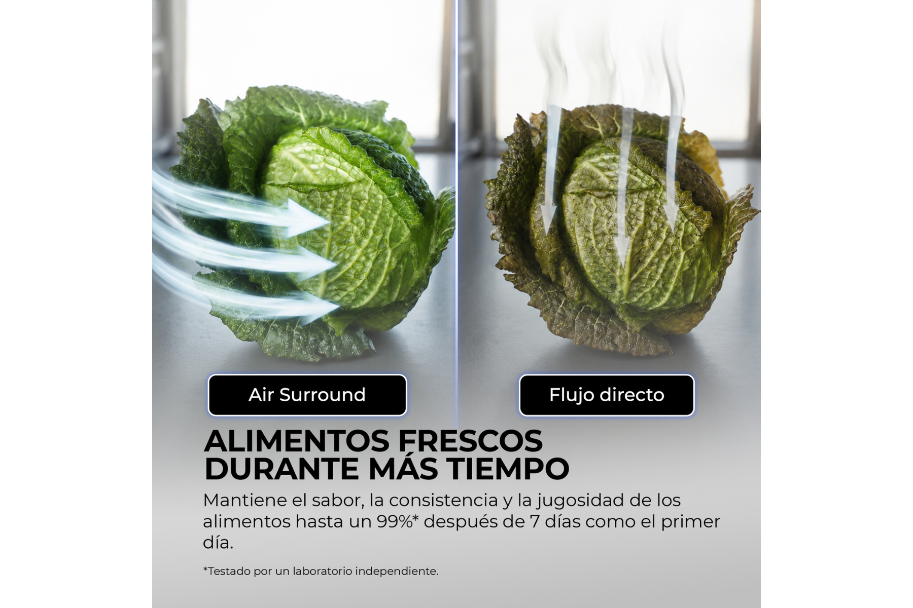 Comparación de un repollo fresco con Air Surround y uno seco con flujo directo.