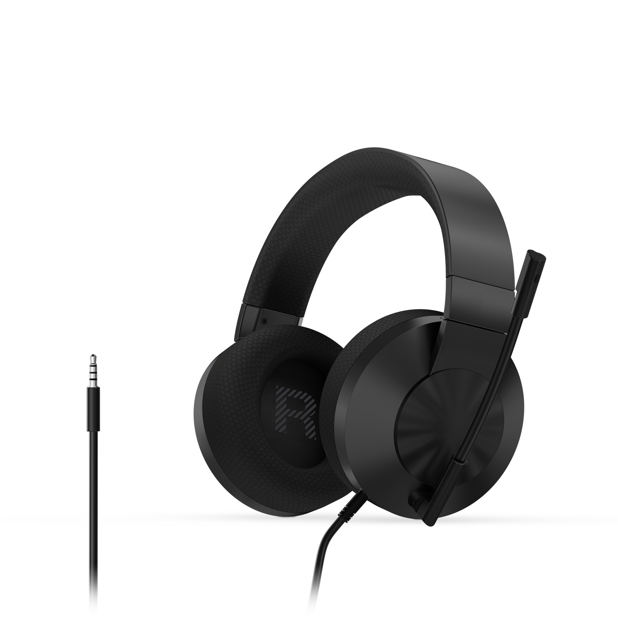 Auriculares con cable para juegos en negro con micrófono y conector jack de 3,5 mm sobre fondo oscuro.