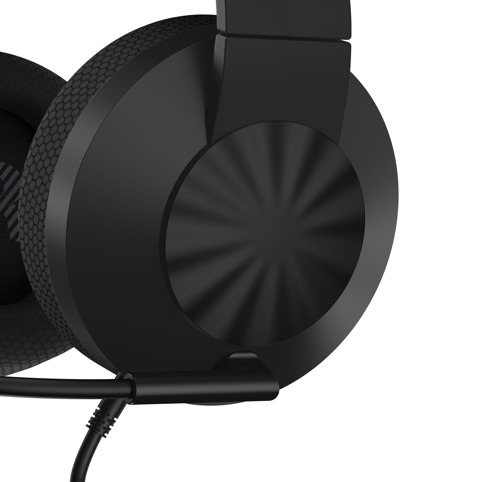 Auriculares negros con almohadilla texturizada, esfera brillante y cable de micrófono conectado sobre fondo negro.