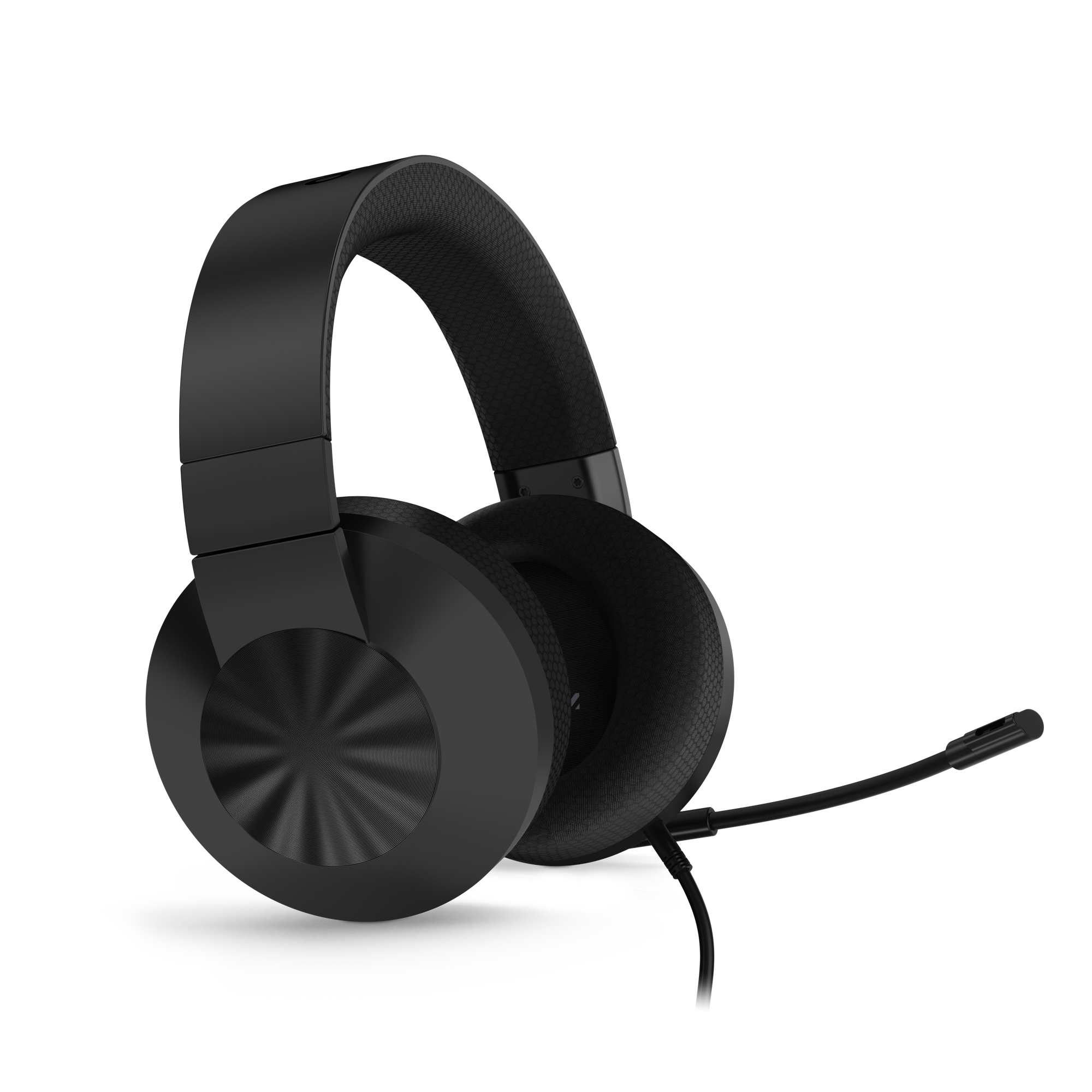 Auriculares negros para juegos con micrófono incorporado sobre fondo negro.