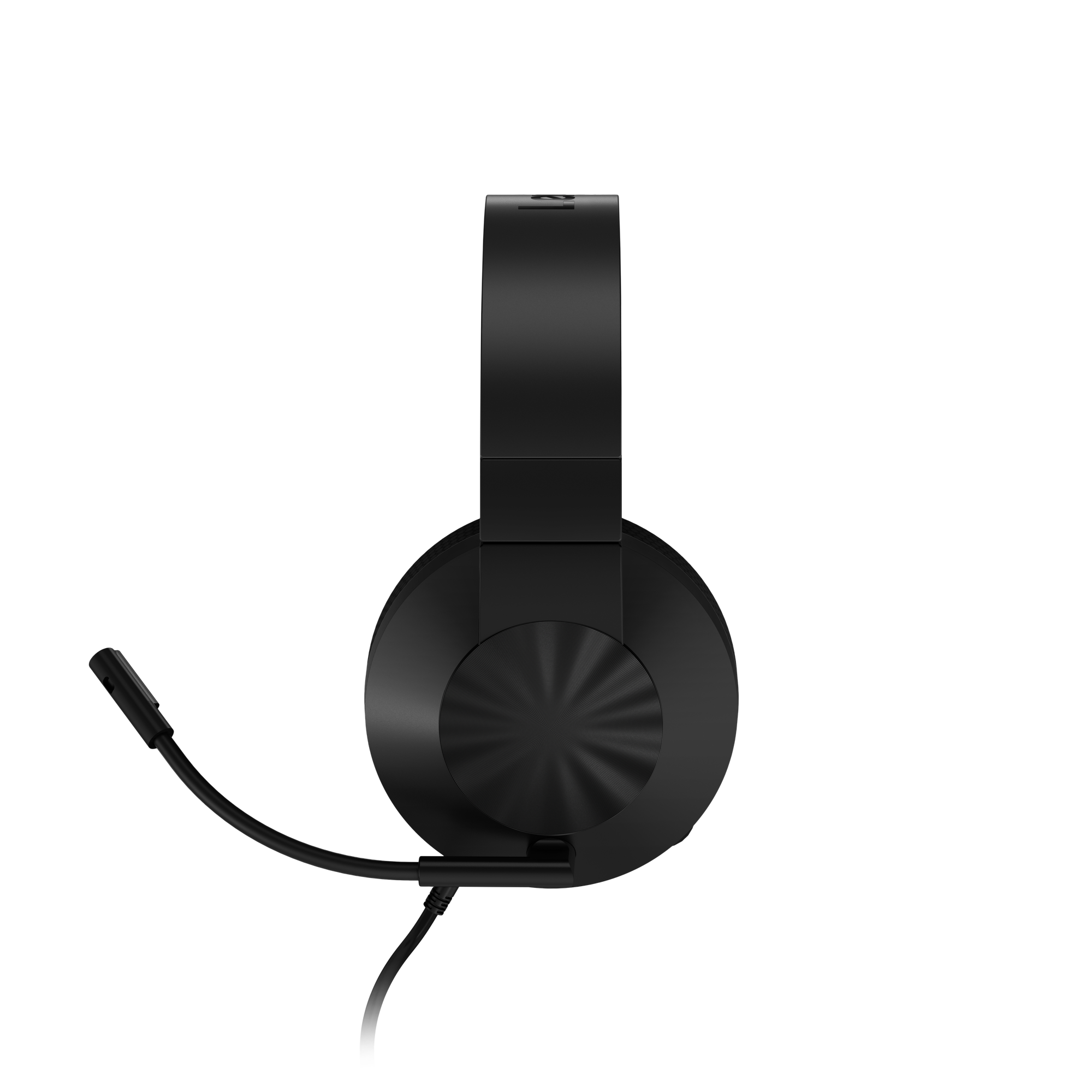 Auriculares supraaurales negros con micrófono sobre fondo negro.