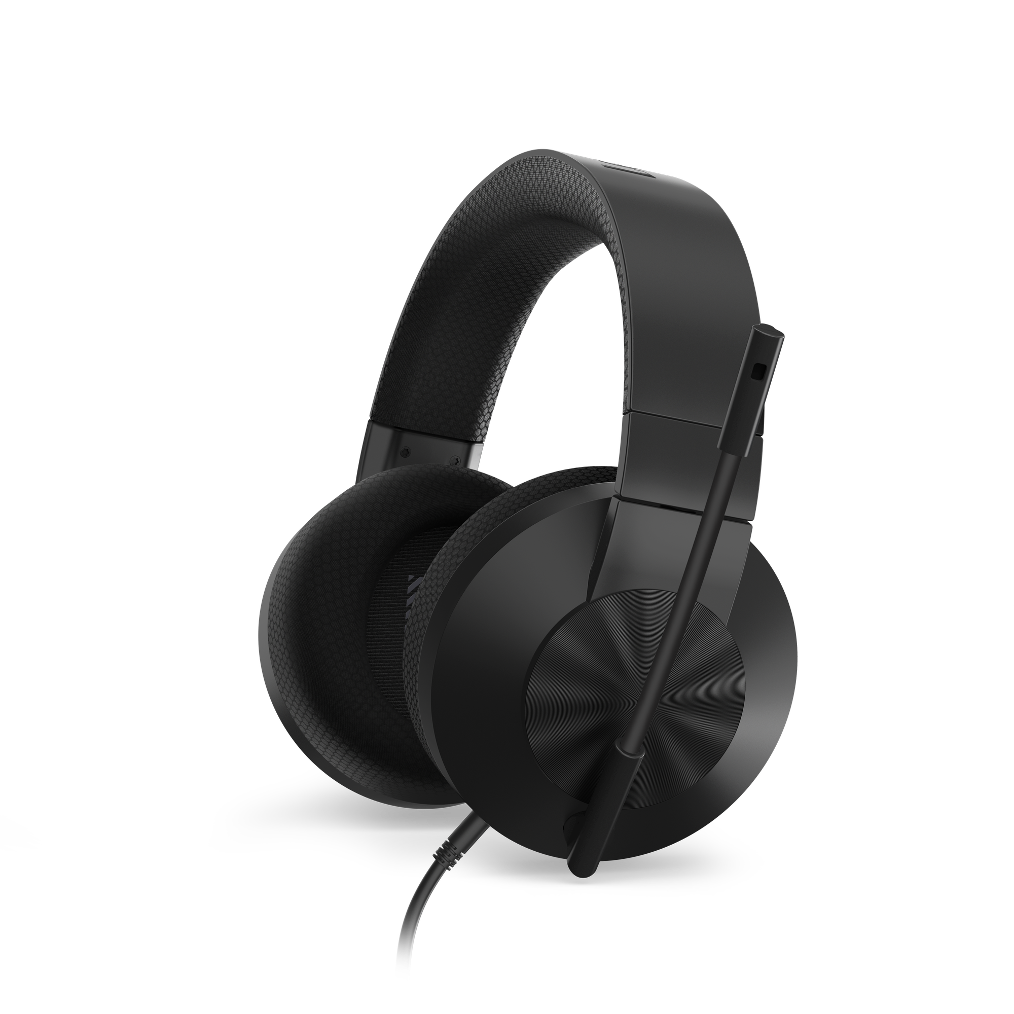 Auriculares supraaurales negros para juegos con diadema, orejeras acolchadas, micrófono acoplado y cable sobre fondo negro.