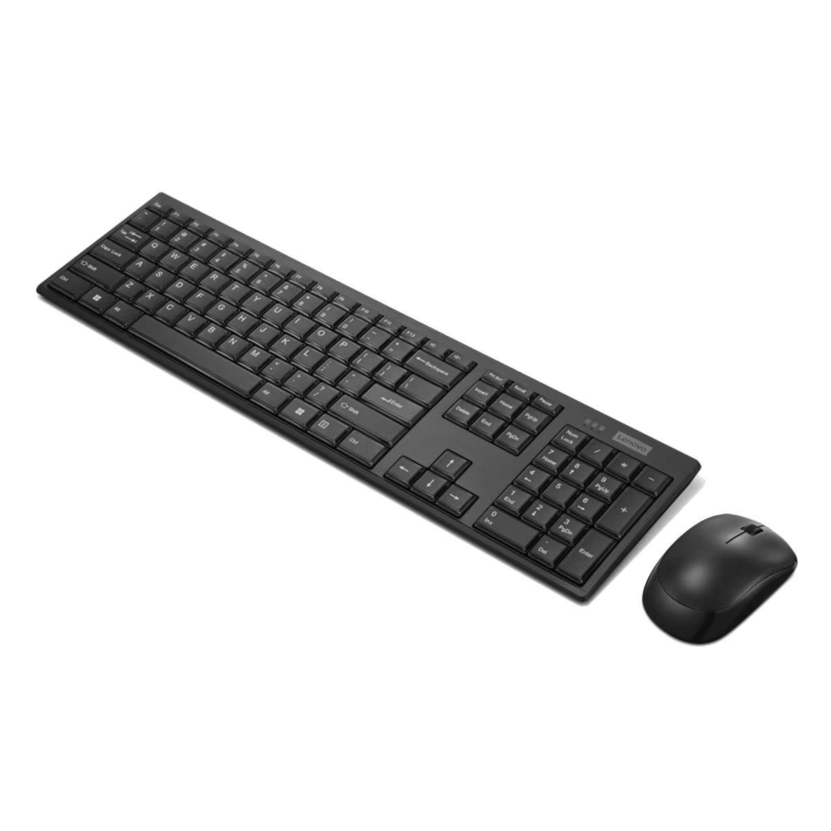 Teclado y ratón inalámbricos negros de Lenovo sobre un fondo negro.