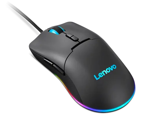 Ratón de juego Lenovo negro con iluminación RGB, rueda de desplazamiento y cable sobre fondo blanco.