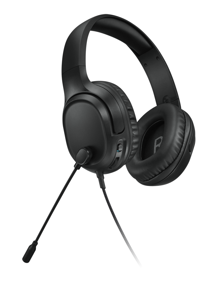 Auriculares gaming supraurales negros con micrófono adjunto sobre fondo oscuro.