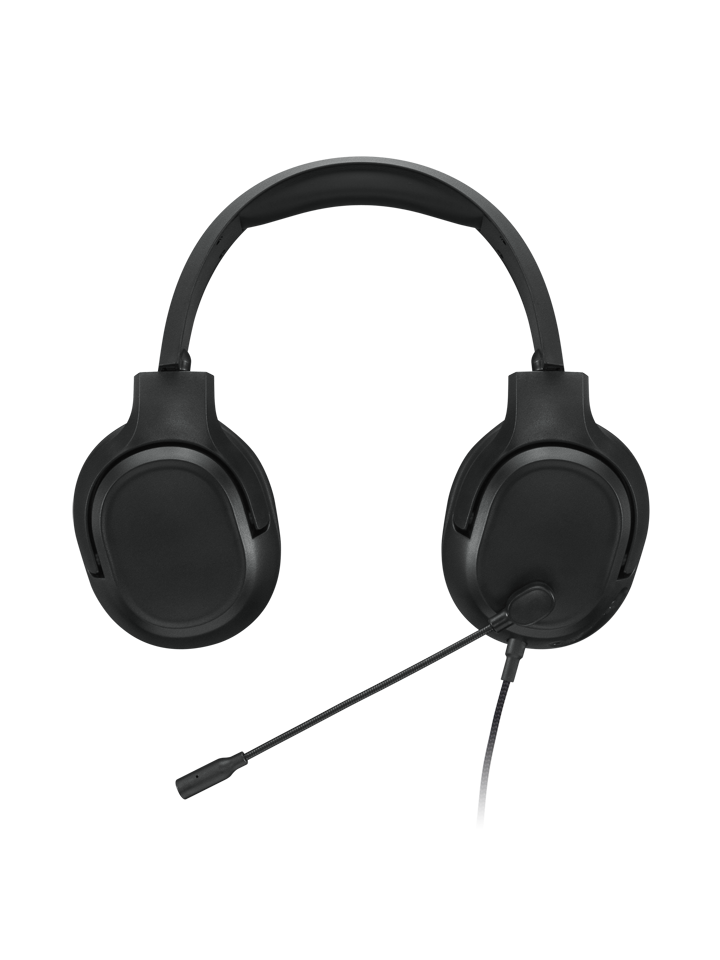 Unos auriculares supraurales negros con un micrófono adjunto sobre un fondo negro.