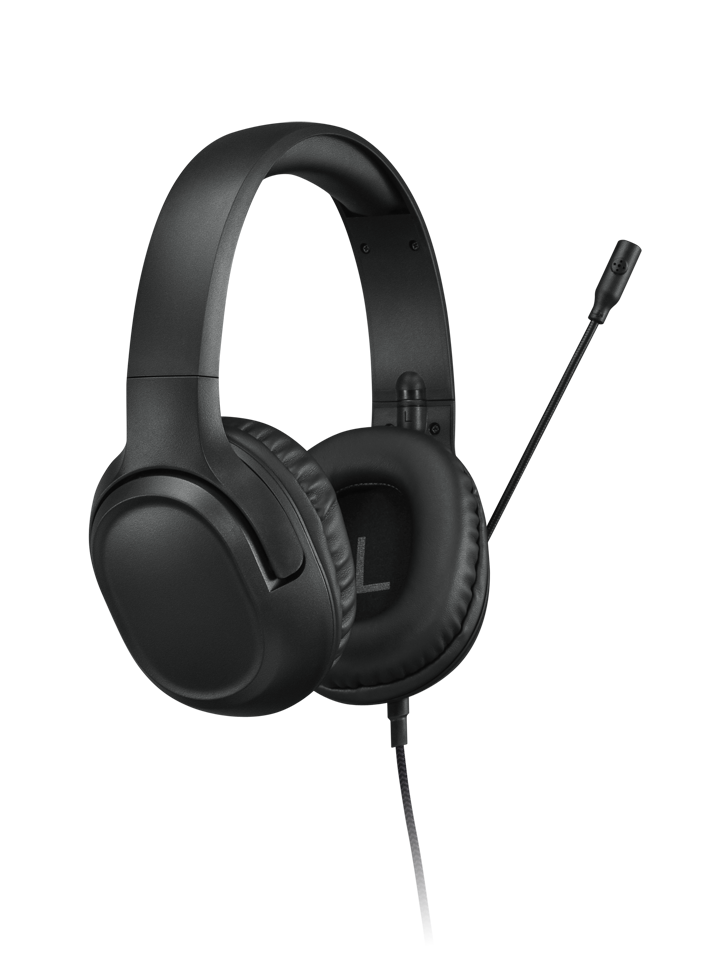 Auriculares supraurales negros con micrófono de asta sobre fondo negro.