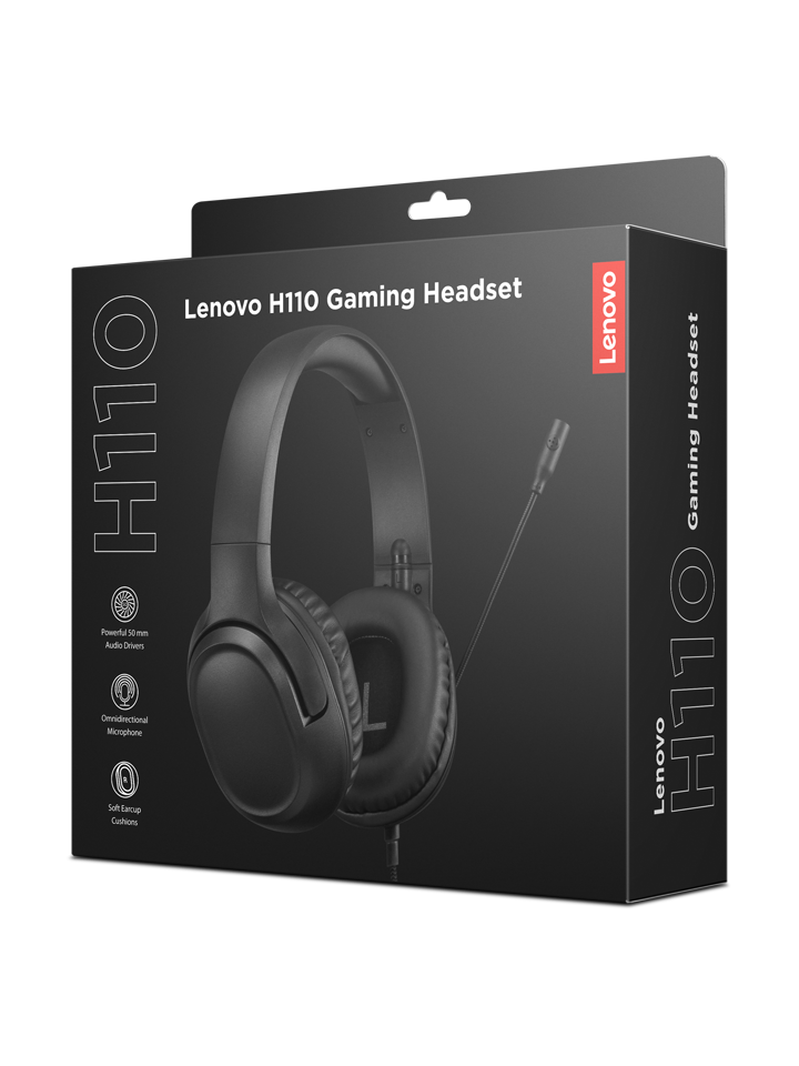 Embalaje negro de los auriculares para juegos Lenovo H110 con imagen del producto y características clave.
