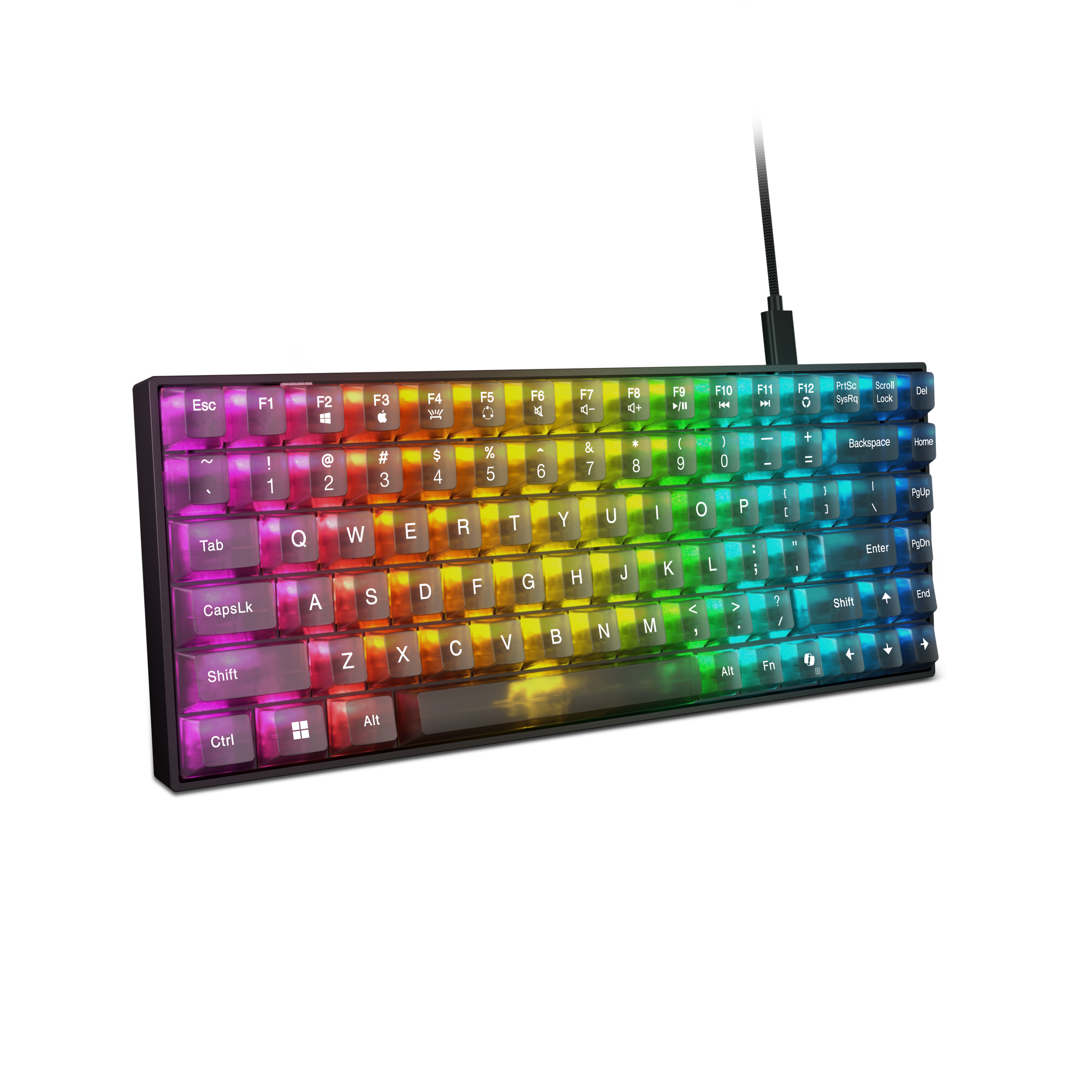 Teclado mecánico con luces LED de arco iris brillantes sobre un fondo negro.