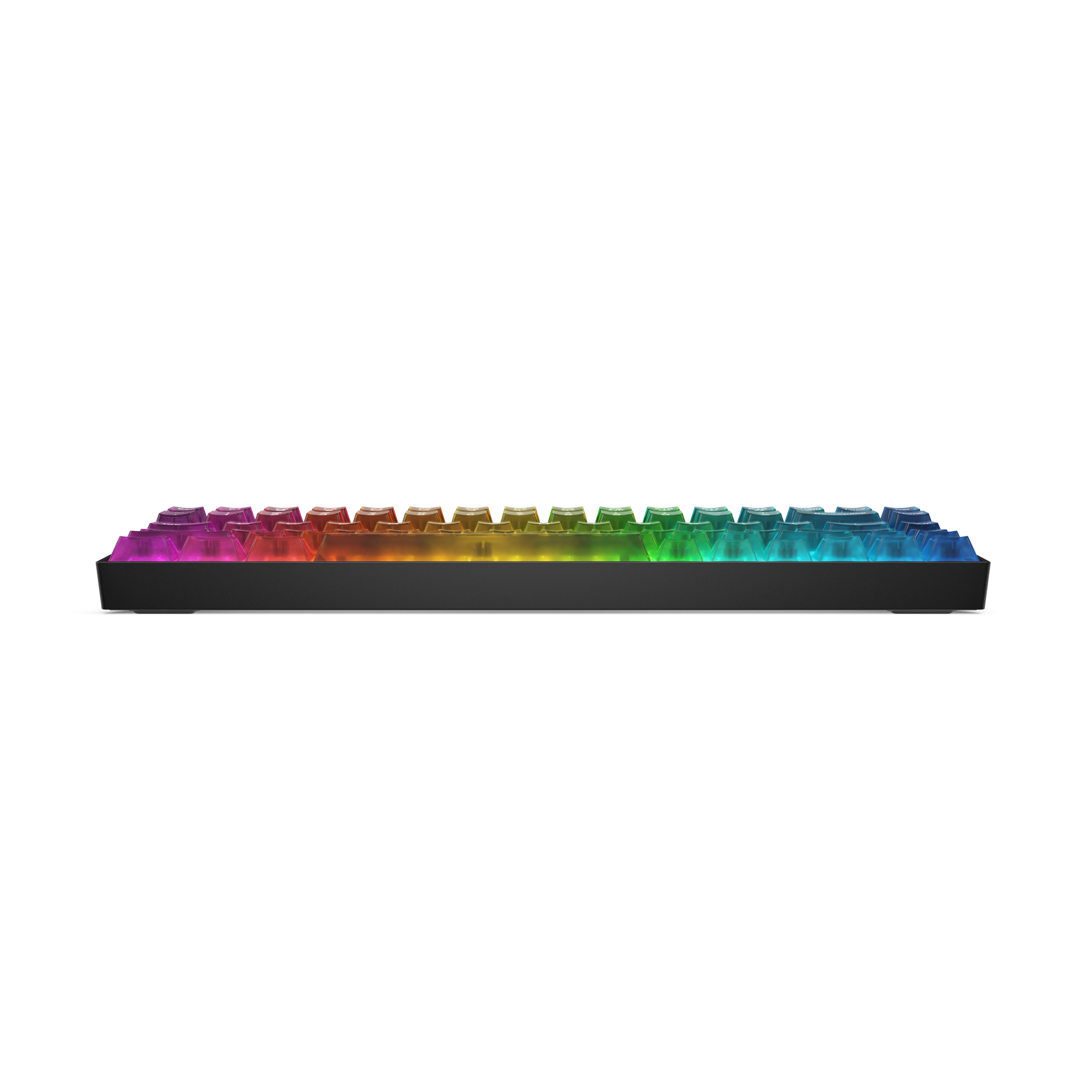 Un teclado negro con vibrante retroiluminación RGB de arco iris sobre un fondo negro.