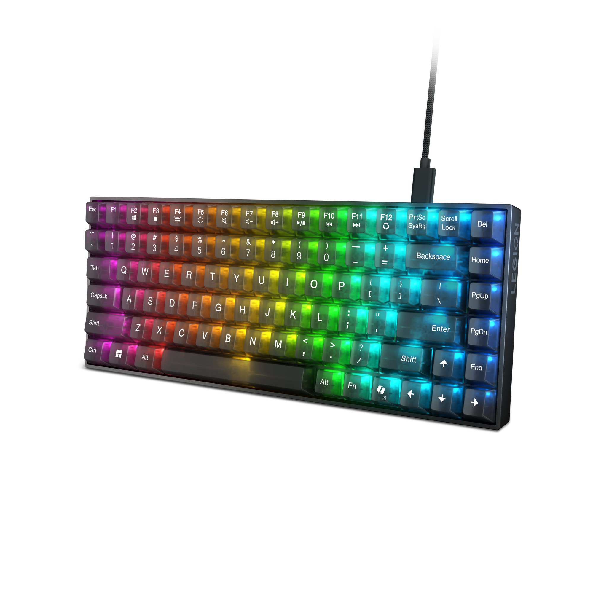 Un teclado mecánico negro con vibrante retroiluminación RGB sobre un fondo negro.