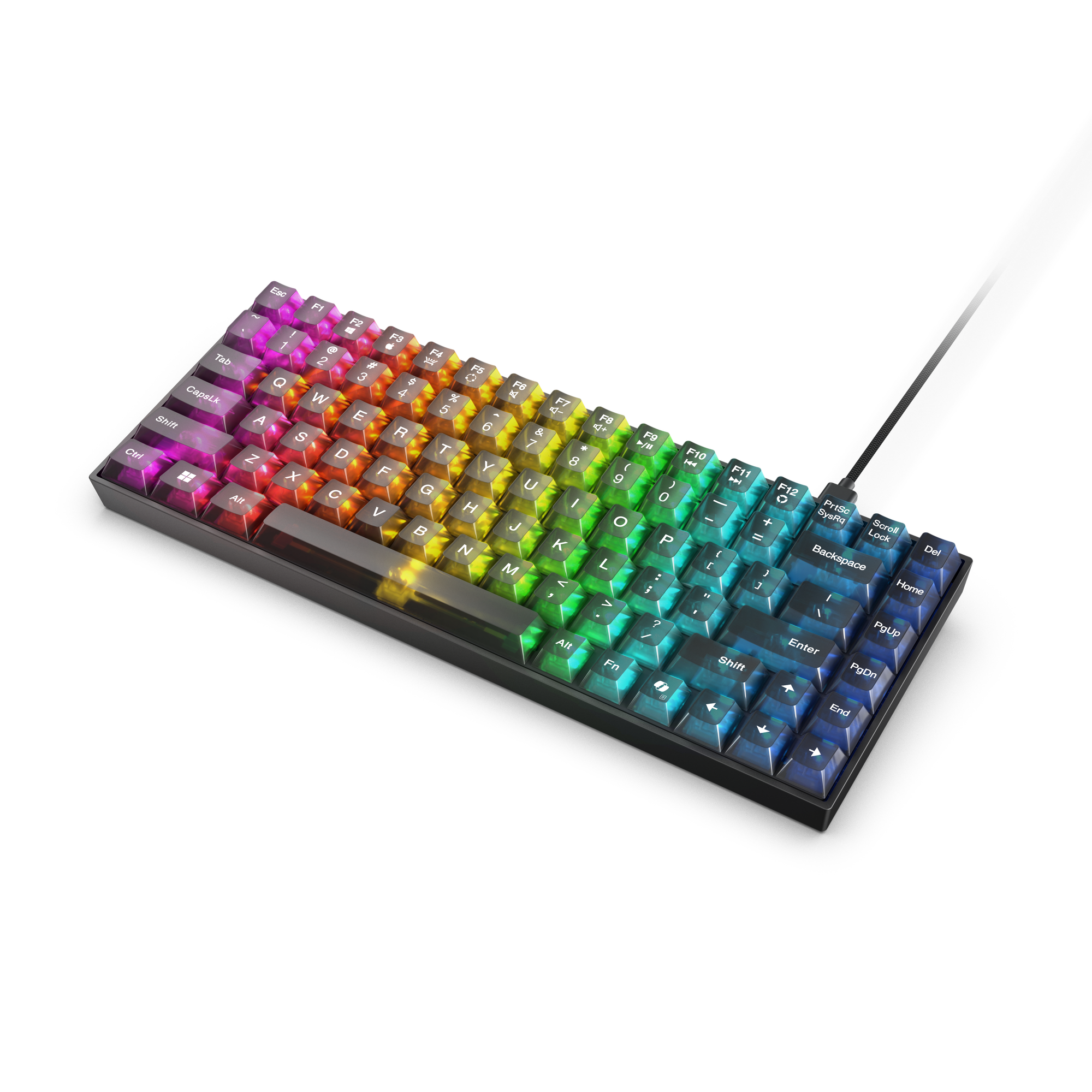 Un teclado mecánico con retroiluminación RGB, teclas transparentes y marco negro sobre fondo blanco.