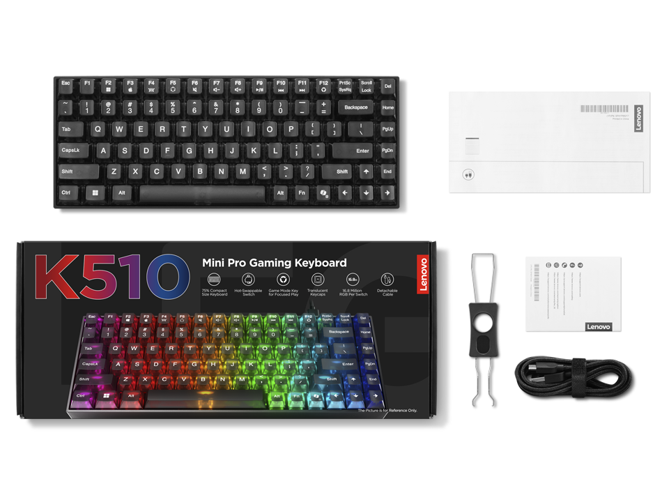 Teclado para juegos Lenovo K510 Mini Pro con caja, cable, manual y herramienta sobre fondo negro.