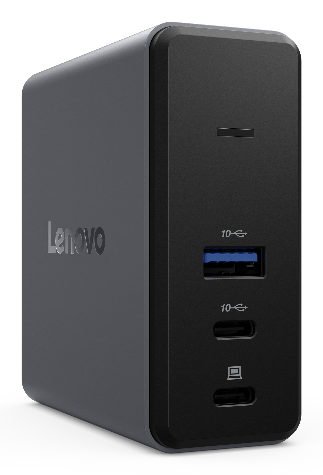 Estación de acoplamiento Lenovo gris con puertos USB-A y dos USB-C en la parte delantera sobre fondo blanco.
