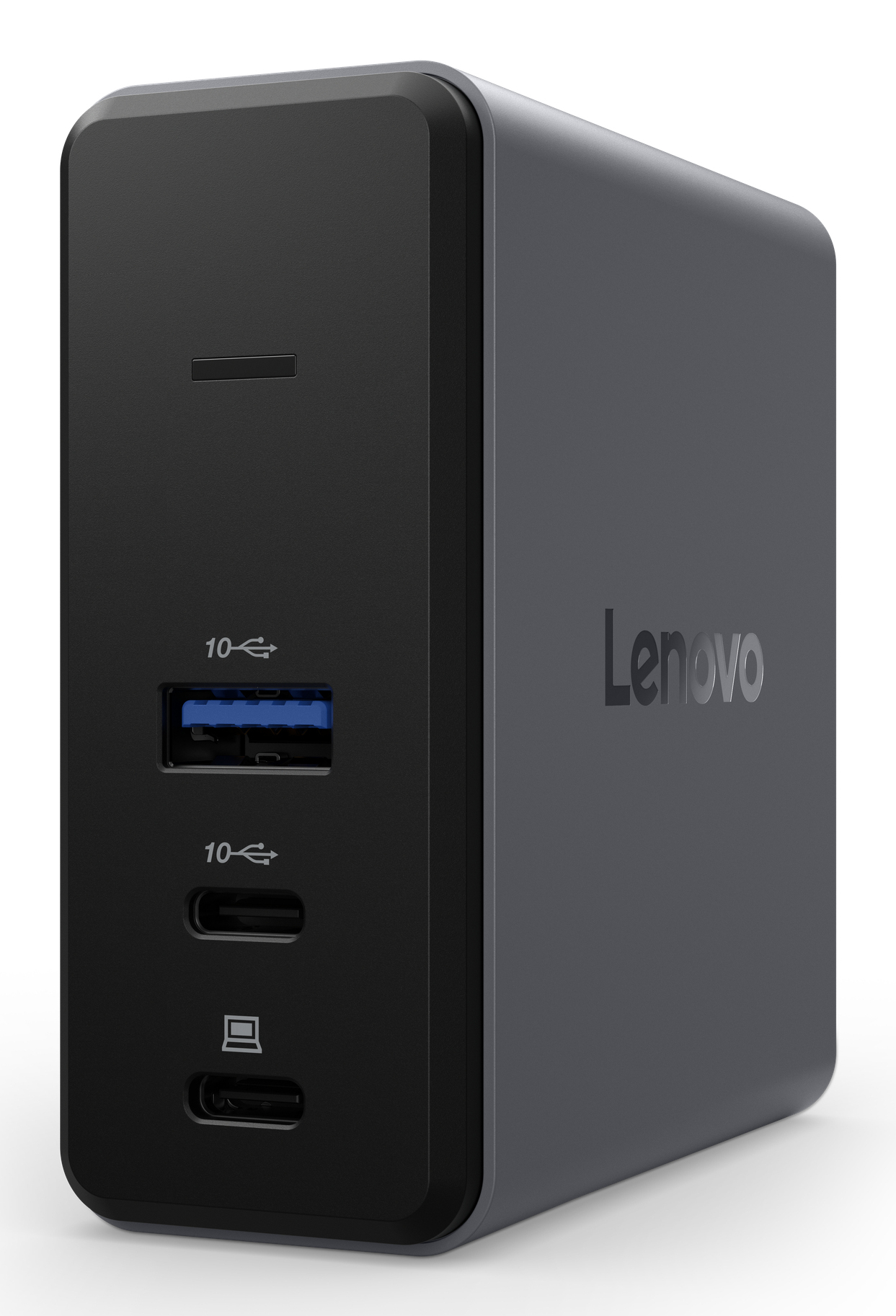 Adaptador de corriente Lenovo gris oscuro con puertos USB en la parte delantera.