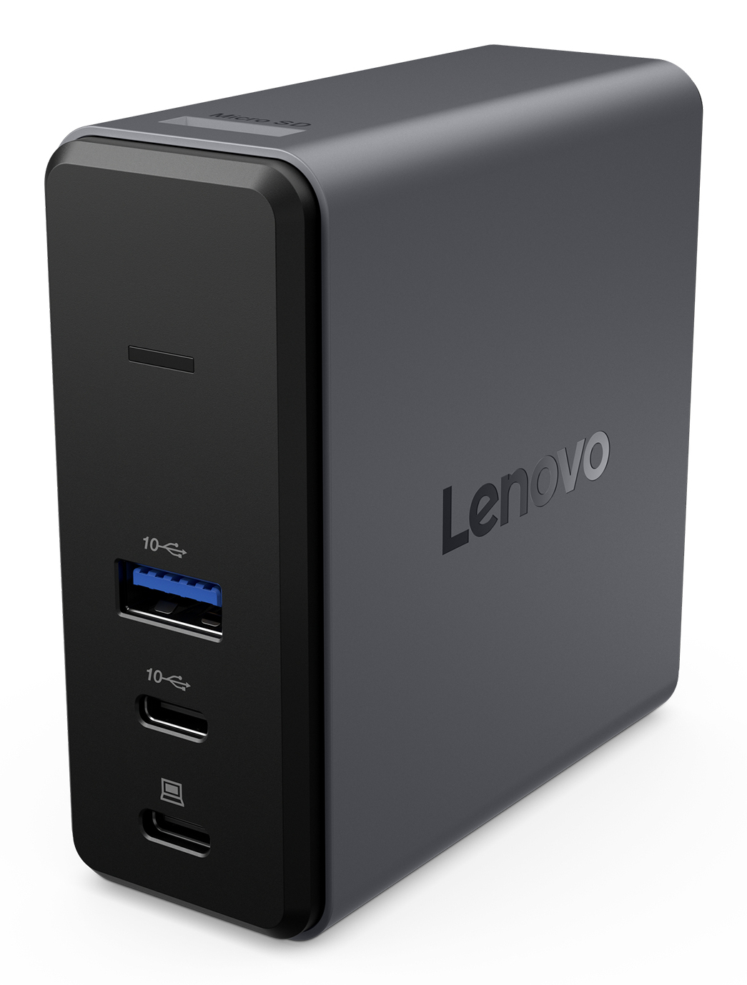 Estación de acoplamiento Lenovo gris oscura con puertos USB-A y USB-C en el frente.