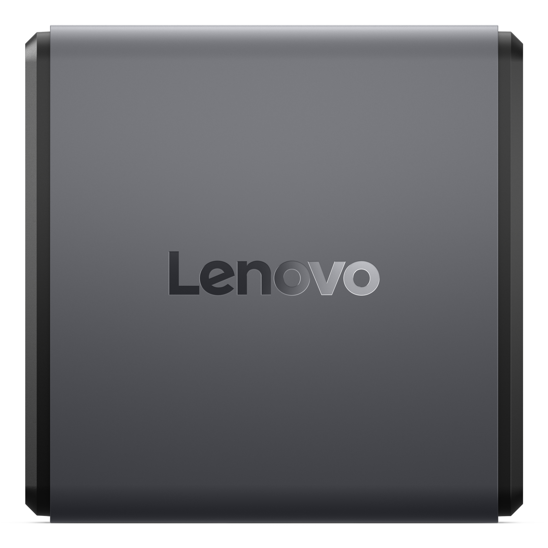 Caja gris cuadrada de Lenovo con borde negro sobre fondo blanco.
