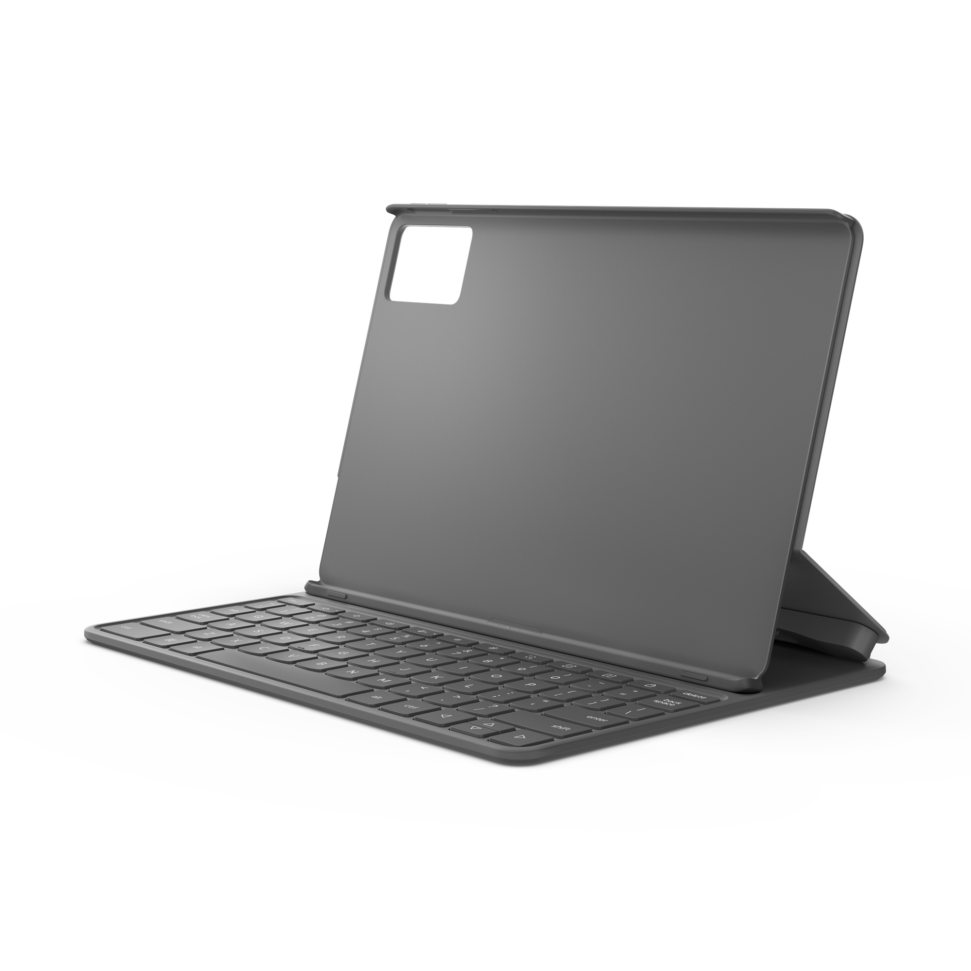 Una funda de tablet gris oscuro con teclado adjunto sobre fondo negro.