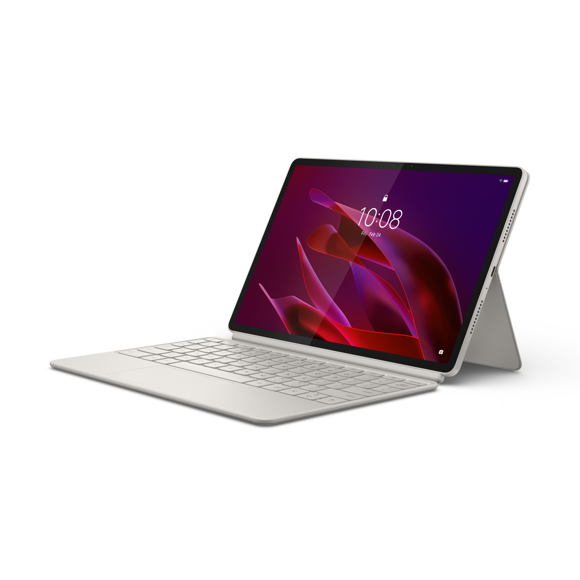 Una tableta blanca con teclado adjunto y fondo rojo sobre fondo negro.