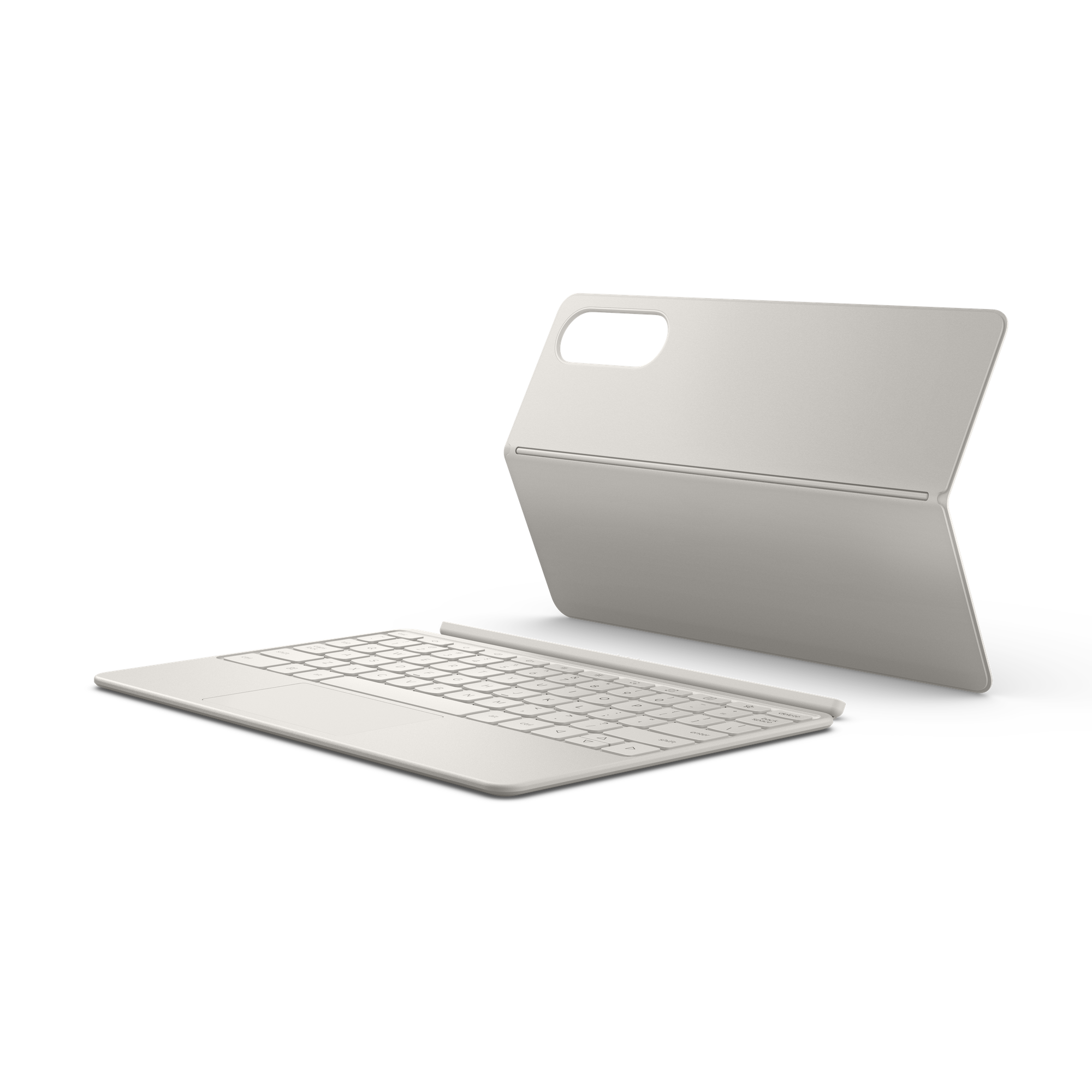 Una funda blanca para tablet con teclado integrado y trackpad flota sobre fondo negro.