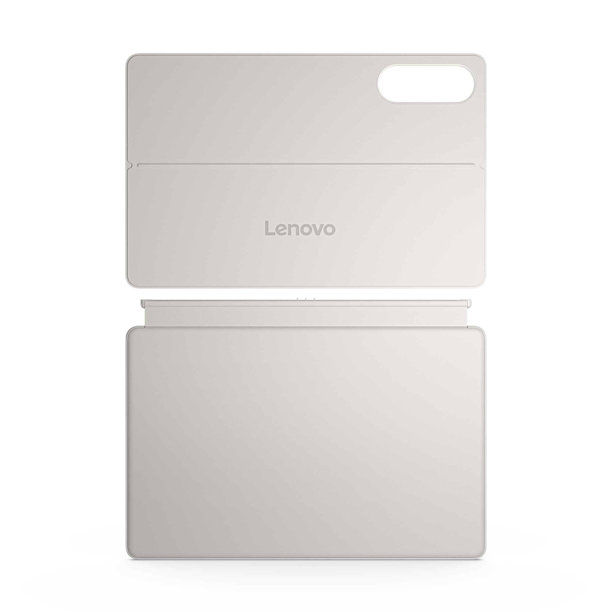 Funda de tablet Lenovo gris con recorte para cámara y logotipo sobre fondo negro.