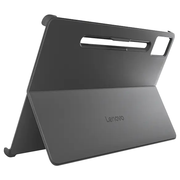 Funda gris para tablet Lenovo configurada como soporte.
